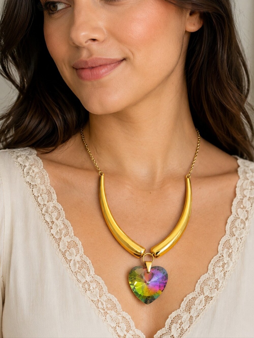 5/$25 VTG Irridescent Rainbow Prism Heart Metal Chain Necklace